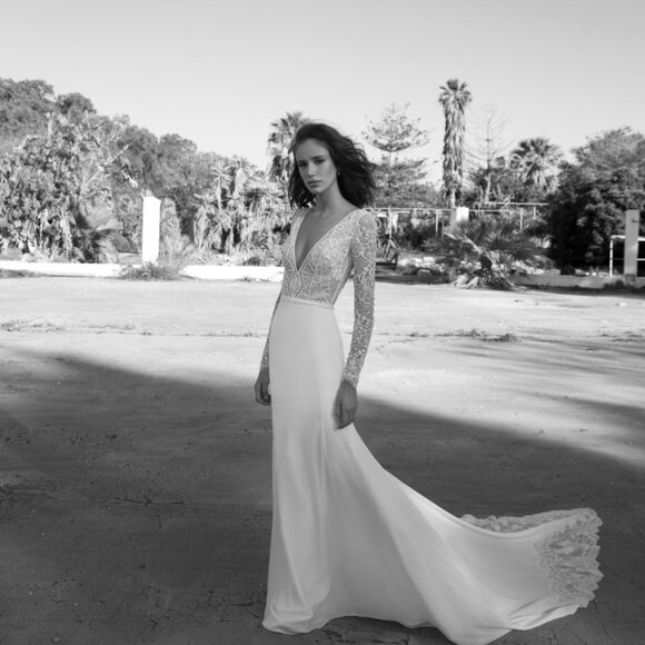 Flora Bridal – “Annie” Gown (Size 2)Long Sleeve Lace & Crepe Wedding Dress